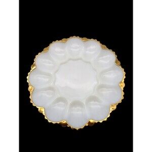 Vintage Milk Glass Deviled Egg Platter 10" Gilded Scalloped Edge Starburst Base